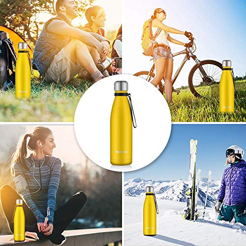 Newdora Botella de Agua Acero Inoxidable 500ml, Aislamiento de Vacío de Doble Pared, Botellas de Frío/Caliente, con 1 un Cepillo de Limpieza, para Niños, Deporte, Oficina, Gimnasio, Amarillo