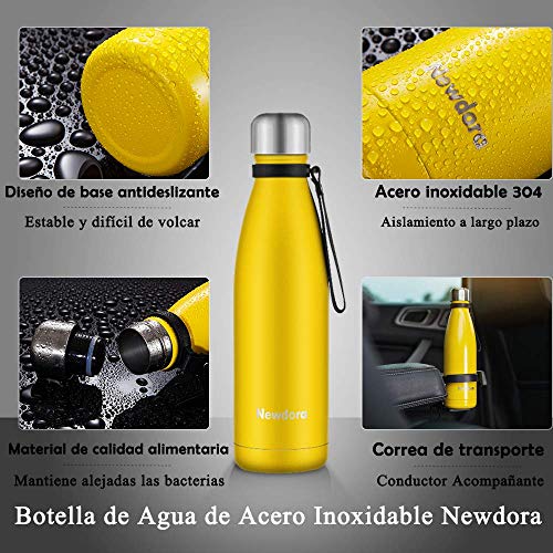 Newdora Botella de Agua Acero Inoxidable 500ml, Aislamiento de Vacío de Doble Pared, Botellas de Frío/Caliente, con 1 un Cepillo de Limpieza, para Niños, Deporte, Oficina, Gimnasio, Amarillo