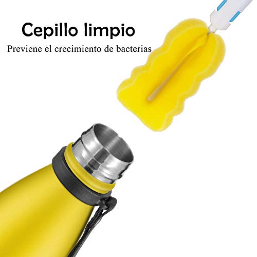 Newdora Botella de Agua Acero Inoxidable 500ml, Aislamiento de Vacío de Doble Pared, Botellas de Frío/Caliente, con 1 un Cepillo de Limpieza, para Niños, Deporte, Oficina, Gimnasio, Amarillo