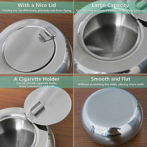 Newness Cenicero, cenicero Acero Inoxidable con Tapa, cenicero para Cigarrillos para Uso en Interiores o al Aire Libre, Bandeja de Escritorio para Fumadores de Cenizas para el hogar, Gran tamaño