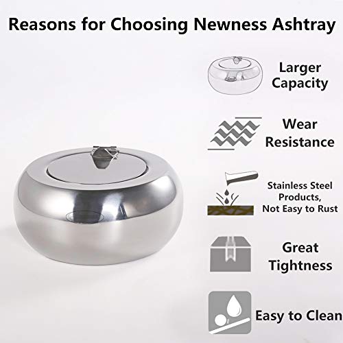 Newness Cenicero, cenicero Acero Inoxidable con Tapa, cenicero para Cigarrillos para Uso en Interiores o al Aire Libre, Bandeja de Escritorio para Fumadores de Cenizas para el hogar, Gran tamaño