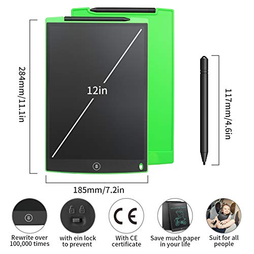 NEWYES 12" Tableta de Escritura LCD, Tableta gráfica, Ideal para hogar, Escuela u Oficina. Pilas Incluidas y 2 Imanes para la Nevera (Verde)
