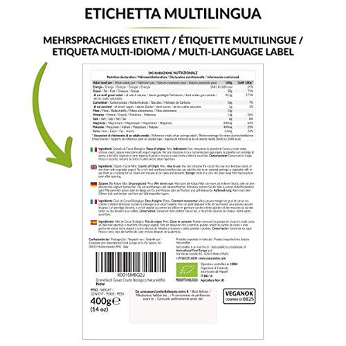 Nibs de Cacao Crudo Ecológico 400 g. 100 % Puntas de Cacao Bio, Natural y Puro. Cultivado en Perú a partir de la planta Theobroma cacao. Fuente de magnesio, potasio y hierro. NaturaleBio