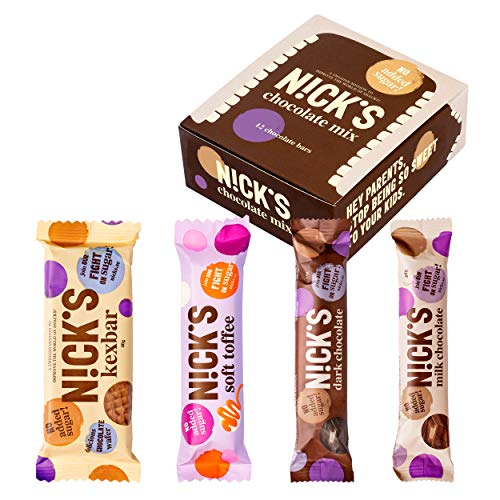 NICKS Chocolate Mix, Barritas de chocolate surtidas, sin azúcar añadido, sin gluten (6x 40g + 2x 28g + 4x 25g)