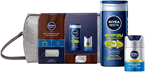 Nivea Men Weltenbummler Set de regalo, neceser para hombres con ducha de cuidado y cuidado facial, set de viaje para el hombre cuidado