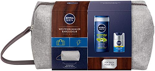 Nivea Men Weltenbummler Set de regalo, neceser para hombres con ducha de cuidado y cuidado facial, set de viaje para el hombre cuidado