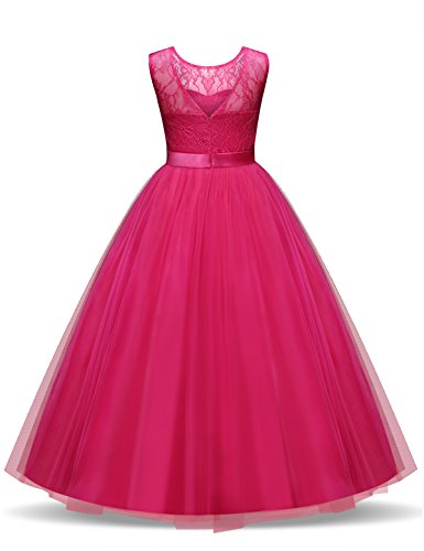 NNJXD Vestido de Fiesta de Tul de Encaje Falda de Princesa para Niñas Talla (140) 8-9 Años Rose