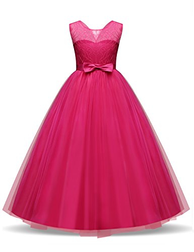 NNJXD Vestido de Fiesta de Tul de Encaje Falda de Princesa para Niñas Talla (140) 8-9 Años Rose