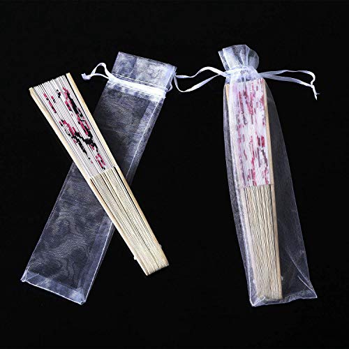 Noblik Paquete de 100 Bolsa de Abanico de Mano Plegable Bolsas de Organdí con Cordón Bolsa de Bolsillo Abanico Plegable para Exterior Bolsas del Regalo del Favor de Banquete de Boda