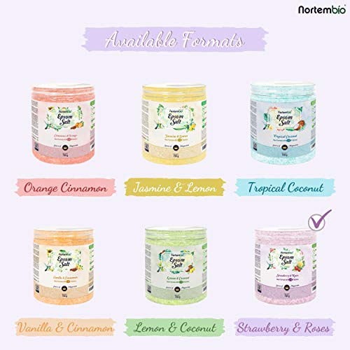 Nortembio Sal de Epsom 750 g. Novedosa Fragancia de Fresa y Rosas. Hidratada con Vitamina C y E. Sales de Baño y Cuidado Personal. E-Book incluido.