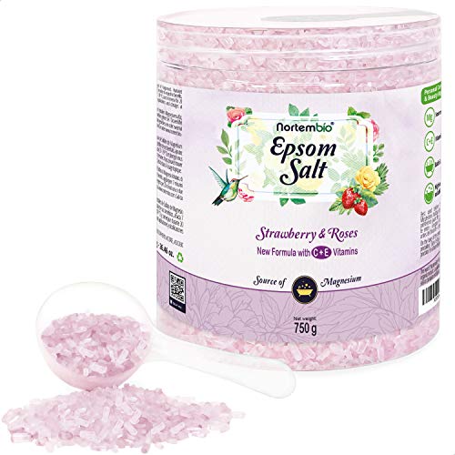 Nortembio Sal de Epsom 750 g. Novedosa Fragancia de Fresa y Rosas. Hidratada con Vitamina C y E. Sales de Baño y Cuidado Personal. E-Book incluido.