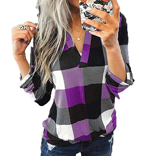 Nueva Camisa Casual De OtoñO con Top De Manga Larga con Cuello En V Y Estampado A Cuadros