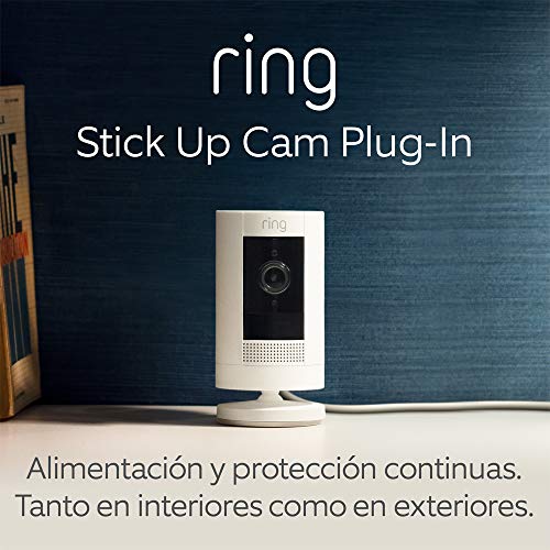 Nueva Ring Stick Up Cam Plug-In, cámara de seguridad HD con comunicación bidireccional, compatible con Alexa | Incluye una prueba de 30 días gratis del plan Ring Protect | Color blanco