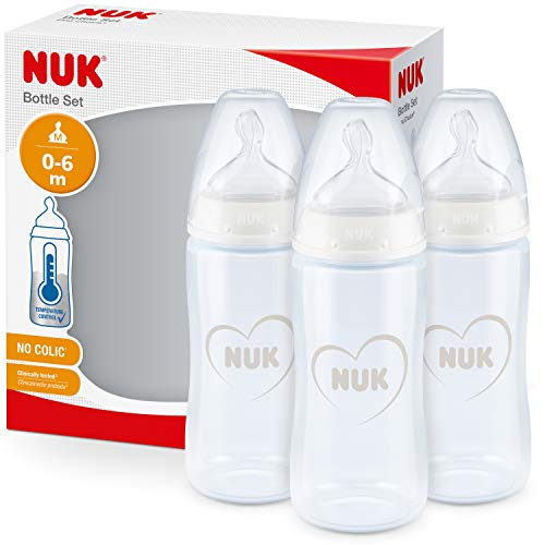 NUK First Choice+ Set de Biberones, 0-6 Meses, Control De Temperatura, Tetina De Silicona, Válvula Anticólico, Sin Bpa, 150 Ml, Gris Y Blanco, 3 Unidades