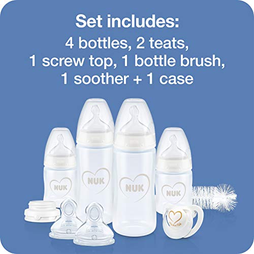 NUK Perfect Start First Choice+ kit de biberones, 0-6 meses, 4 biberones con control de temperatura, chupete, cepillo de limpieza, etc, Sin BPA, Gris y blanco, 10 unidades