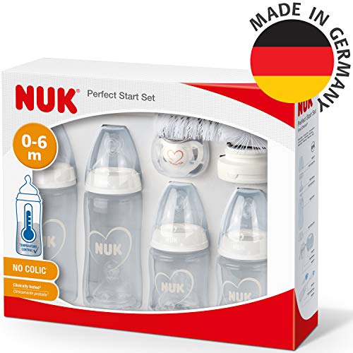 NUK Perfect Start First Choice+ kit de biberones, 0-6 meses, 4 biberones con control de temperatura, chupete, cepillo de limpieza, etc, Sin BPA, Gris y blanco, 10 unidades