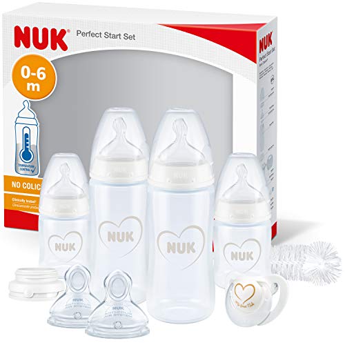 NUK Perfect Start First Choice+ kit de biberones, 0-6 meses, 4 biberones con control de temperatura, chupete, cepillo de limpieza, etc, Sin BPA, Gris y blanco, 10 unidades