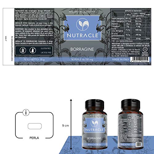 NUTRACLE - 50 Cápsulas de Borraja de 700 mg | Rico en Ácido Gamma Linoleico (GLA) 20% | Nutre e hidrata la piel y el cabello | Contrarresta los trastornos hormonales con el ciclo menstrual
