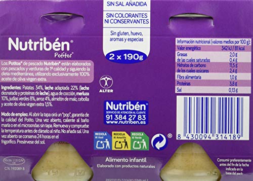 Nutribén Potitos Cena De Judías Verdes y Merluza Desde Los 6 Meses, 3 Bipacks (6 X 190 Gr.)