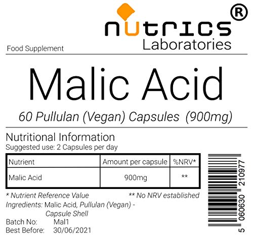 Nutrics® 100% Ácido málico puro 900 mg | 120 cápsulas (2 meses de suministro) | Hecho en el Reino Unido por Nutrics Laboratories | Adecuado para vegano vegetariano Halal Kosher
