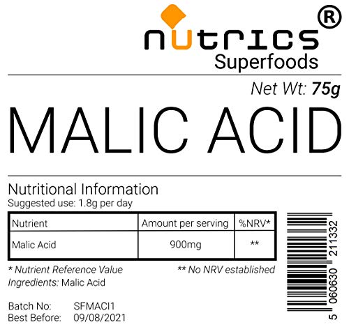 Nutrics® Polvo vegano 100% puro ácido málico, grado farmacéutico, 75 g, Nutrics Superfoods