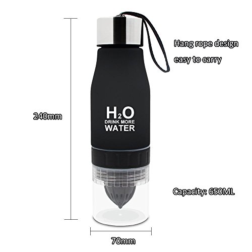 Nykkola 650 ml Infuseur à fruits Bouteille d'eau portable Citron Squeezer Tasse à infusion sans BPA aromatisé jus bouteilles de sport, noir
