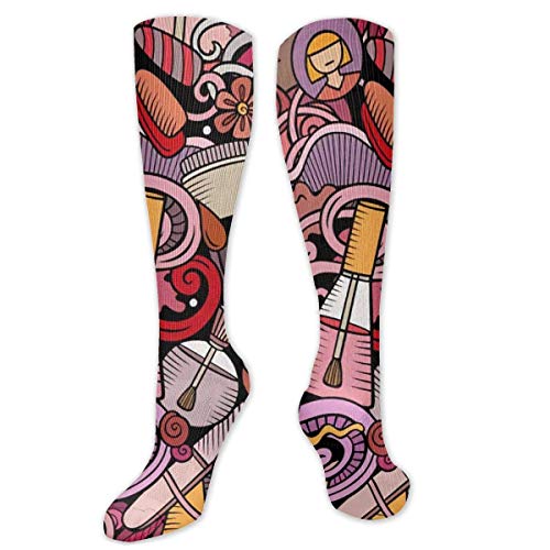 NZ Compression Sock for Women & Men,Manicure Hand Drawn Doodles Casual Long Knee High Tube Socks for Runnning, Soccer Athletic Sports,Travel -50cm