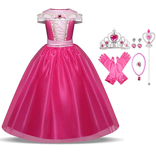 O.AMBW Girl Aurora Princess Dress Disfraz de Bella Durmiente, Rosa Popular, 3-10 años, Fiesta de Halloween, Disfraz de cumpleaños, Juego de Roles, Accesorios, Guantes Crown Wand