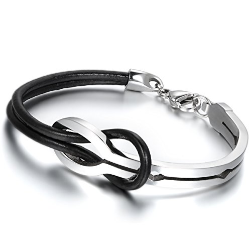 OIDEA - Pulsera para hombre y mujer, símbolo del infinito, acero inoxidable, piel, color negro y plateado
