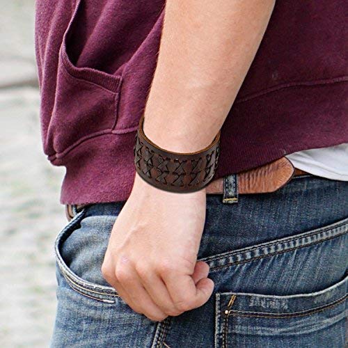 OIDEA Pulseras Hombre Cuero Piel 3 Pcs Trenzado Brazalete Piel Punk Rock Botón Aleación Retro Joya de Moda Chulo (Cuero 1)