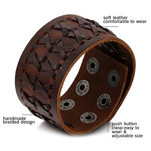 OIDEA Pulseras Hombre Cuero Piel 3 Pcs Trenzado Brazalete Piel Punk Rock Botón Aleación Retro Joya de Moda Chulo (Cuero 1)