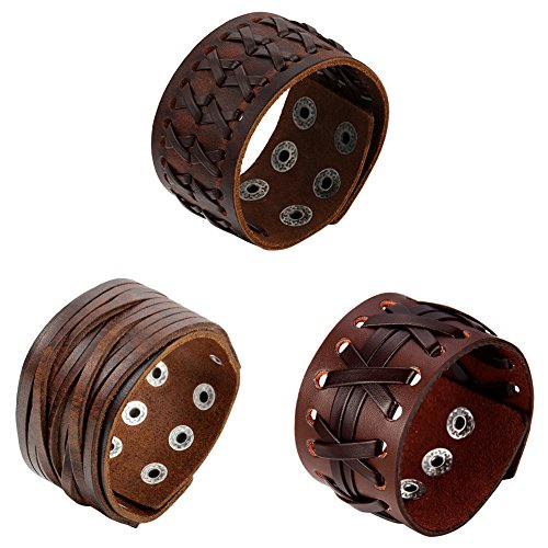 OIDEA Pulseras Hombre Cuero Piel 3 Pcs Trenzado Brazalete Piel Punk Rock Botón Aleación Retro Joya de Moda Chulo (Cuero 1)