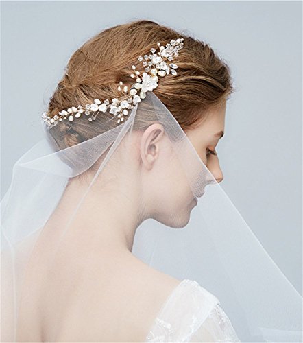 Olydmsky Exquisito Novia Tocado Perlas de Agua Dulce Pelo Peine Accesorios de la Boda Flores