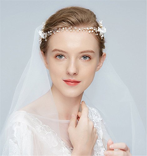 Olydmsky Exquisito Novia Tocado Perlas de Agua Dulce Pelo Peine Accesorios de la Boda Flores