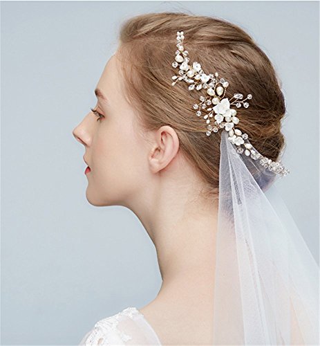 Olydmsky Exquisito Novia Tocado Perlas de Agua Dulce Pelo Peine Accesorios de la Boda Flores