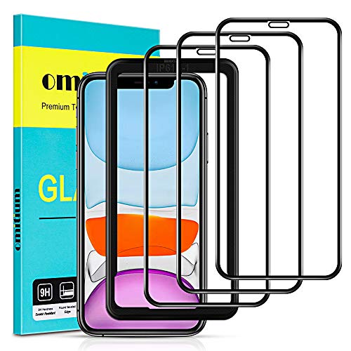 omitium Protector Pantalla para iPhone 11, [3 Pack] iPhone XR Cristal Templado [Cobertura máxima][ [Marco Instalación Fácil] Sin Burbujas Dureza 9H Vidrio Templado iPhone 11/iPhone XR, 6,1”