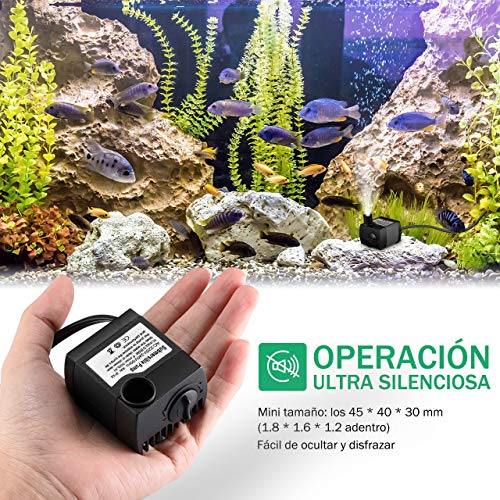OMORC Bomba de Agua Sumergible 300L/H con Filtro y 2 Boquillas AC220-240V Bomba de Agua Limpiable, Desmontable, para Acuario, Estanque, Pecera, Hidropónico de Bomba de Agua, Silenciosa.