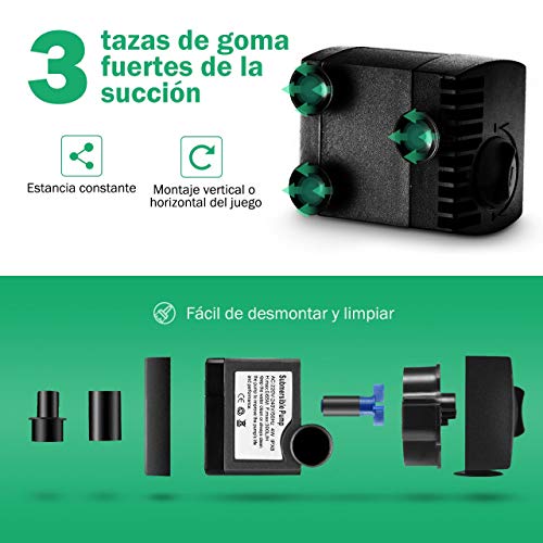 OMORC Bomba de Agua Sumergible 300L/H con Filtro y 2 Boquillas AC220-240V Bomba de Agua Limpiable, Desmontable, para Acuario, Estanque, Pecera, Hidropónico de Bomba de Agua, Silenciosa.