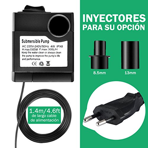 OMORC Bomba de Agua Sumergible 300L/H con Filtro y 2 Boquillas AC220-240V Bomba de Agua Limpiable, Desmontable, para Acuario, Estanque, Pecera, Hidropónico de Bomba de Agua, Silenciosa.
