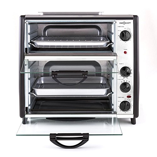 oneConcept All-You-Can-Eat Horno eléctrico doble - 2 cámaras de cocción, Parrilla superior, Capacidad Total 42 L, 2400 W, Temperatura: 60-240°C, Temporizador, Acero inoxidable, Plateado