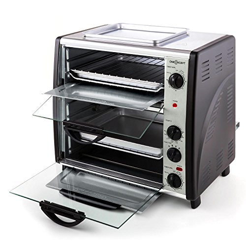 oneConcept All-You-Can-Eat Horno eléctrico doble - 2 cámaras de cocción, Parrilla superior, Capacidad Total 42 L, 2400 W, Temperatura: 60-240°C, Temporizador, Acero inoxidable, Plateado