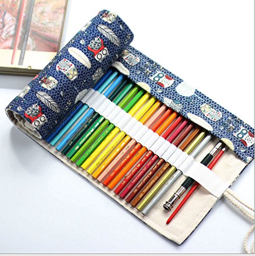 ONEGenug 48 hoyos Bolso de lápices de colores lienzo Primavera-Case, Roll up pencil case, Accesorios del artista, Lápices de colores para pintar, escribir, dibujar, colorear, dibujar, escuela, oficina