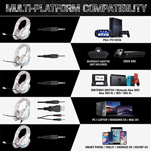 ONIKUMA Auriculares Gaming PS4 con Micrófono, PC Cascos Gaming Estéreo Envolvente 7.1 Cancelación Ruido,Control Volumen,Diadema Ajustable,Luces LED para Xbox One/Nintendo Switch/PC/Tablet/Smartphone