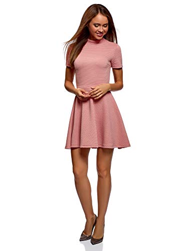 oodji Ultra Mujer Vestido de Tejido Texturizado con Parte Inferior Acampanada, Rosa, ES 42 / L