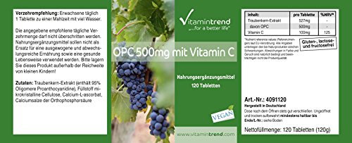 OPC 500mg con Vitamina C – Extracto de Semilla de Uva – Vegano – 120 comprimidos – fabricado en Alemania