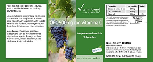 OPC 500mg con Vitamina C – Extracto de Semilla de Uva – Vegano – 120 comprimidos – fabricado en Alemania