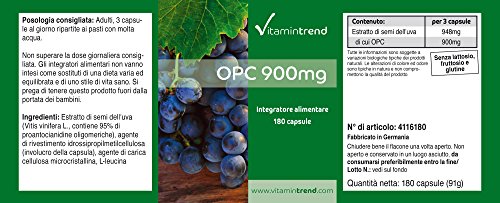 OPC 900 mg – Extracto de Semilla de Uva – 180 cápsulas – Vegano – 95% de OPC – Cápsulas antiedad