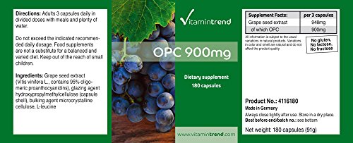 OPC 900 mg – Extracto de Semilla de Uva – 180 cápsulas – Vegano – 95% de OPC – Cápsulas antiedad