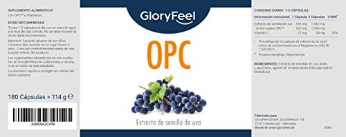 OPC Extracto de semilla de uva + Vitamina C - 1000mg OPC puro de uvas francesas originales por dosis diaria (2 cápsulas)- Producido en Alemania y probado en laboratorio- 180 cápsulas veganas