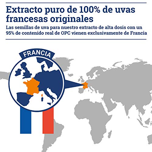 OPC Extracto de semilla de uva + Vitamina C - 1000mg OPC puro de uvas francesas originales por dosis diaria (2 cápsulas)- Producido en Alemania y probado en laboratorio- 180 cápsulas veganas